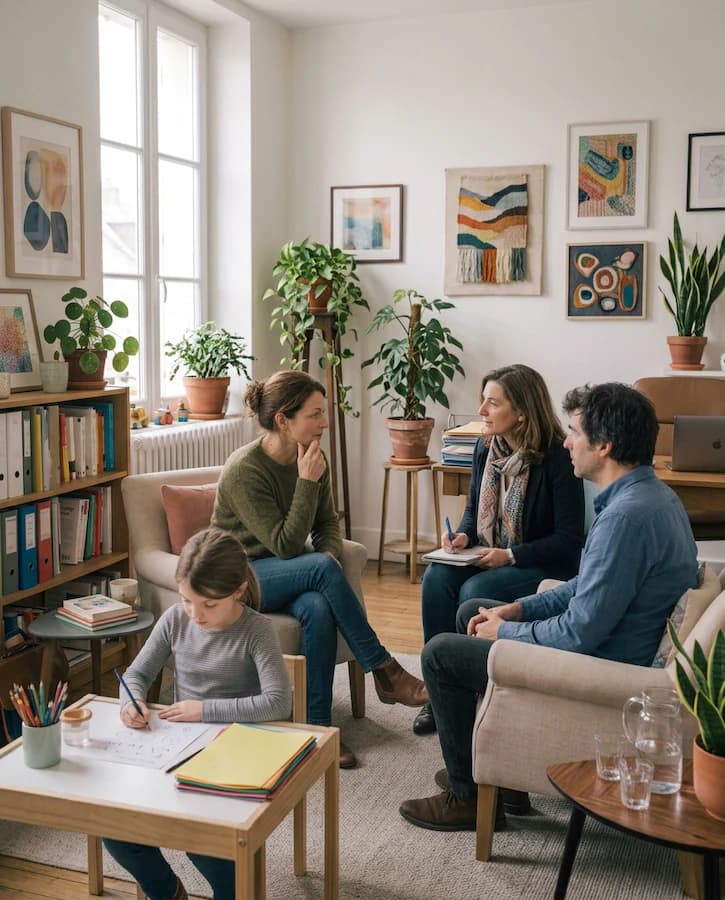 Un enfant, ses parents et une professionnelle échangent sur son accompagnement.