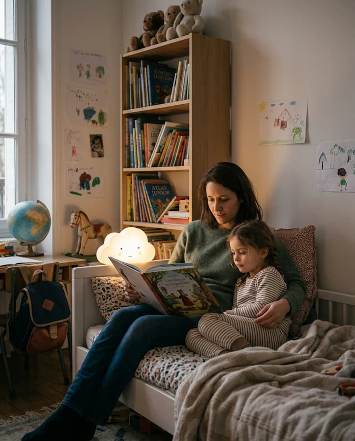 Un parent lit une histoire avec son enfant au moment du coucher.