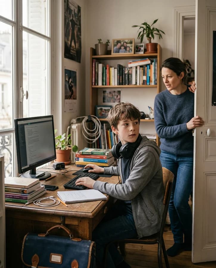 Un adolescent travaille à son bureau pendant qu’un parent échange avec lui.