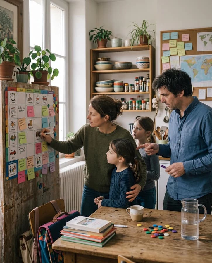 Une famille prépare les étapes du départ autour d’un tableau de routine.