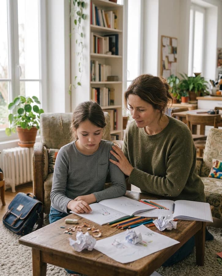 Un parent soutient son enfant après un moment de frustration.