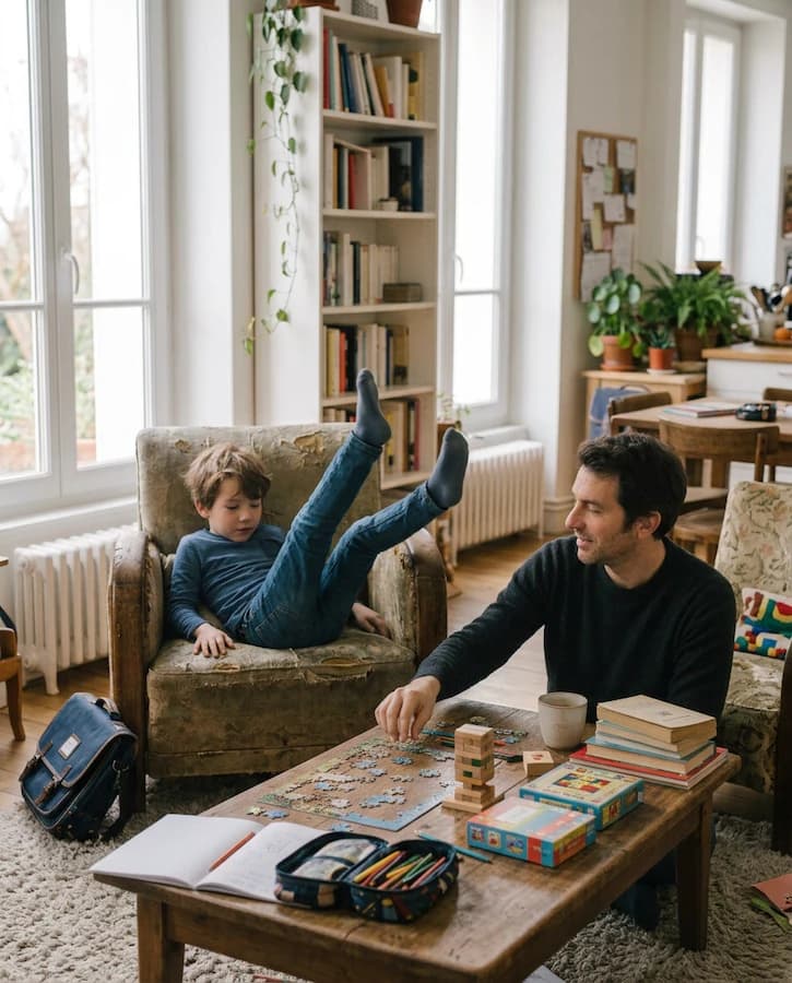 Un enfant bouge librement près d’une activité de jeu accompagnée.