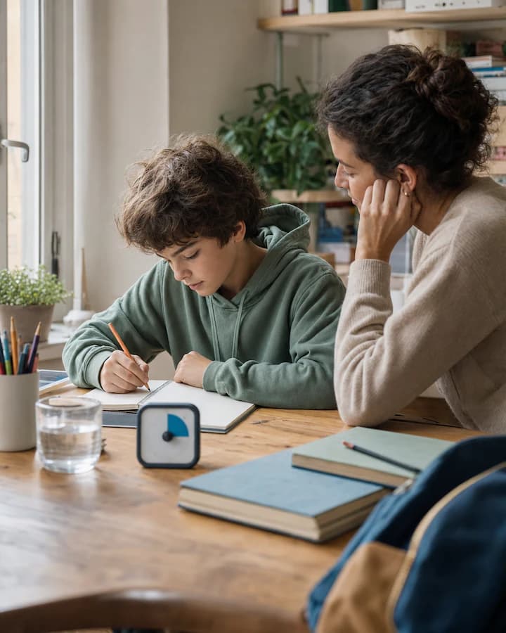 Un enfant reprend une activité d’écriture avec l’appui attentif d’un parent.