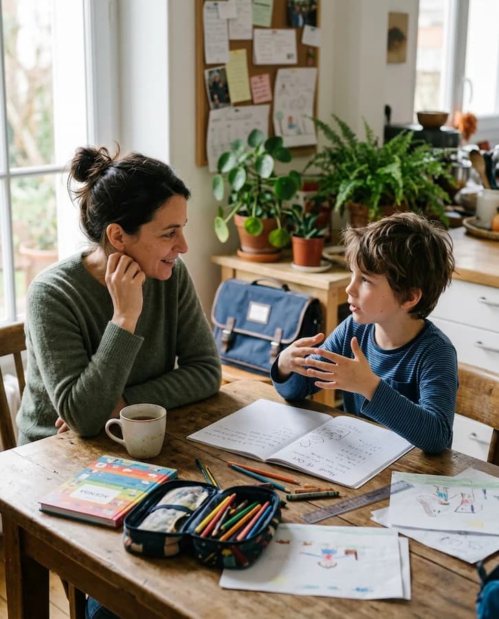 Un parent écoute son enfant parler de situations du quotidien.