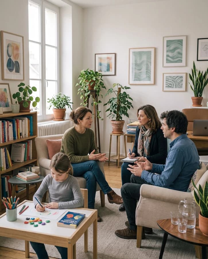 Des parents échangent avec une professionnelle pendant que leur enfant dessine.