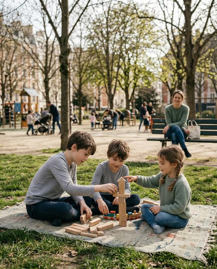 Trois enfants construisent ensemble dans un parc.