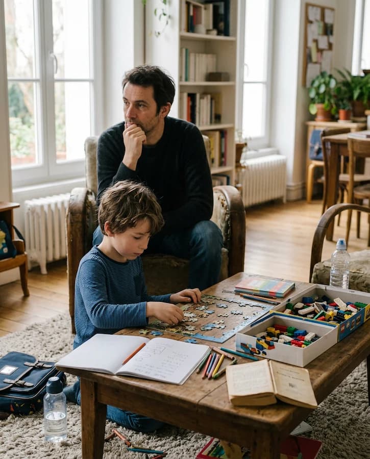 Un parent observe son enfant pendant une activité à la maison.