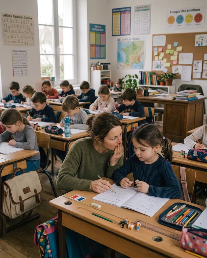 Une enseignante accompagne une élève dans une activité de classe.