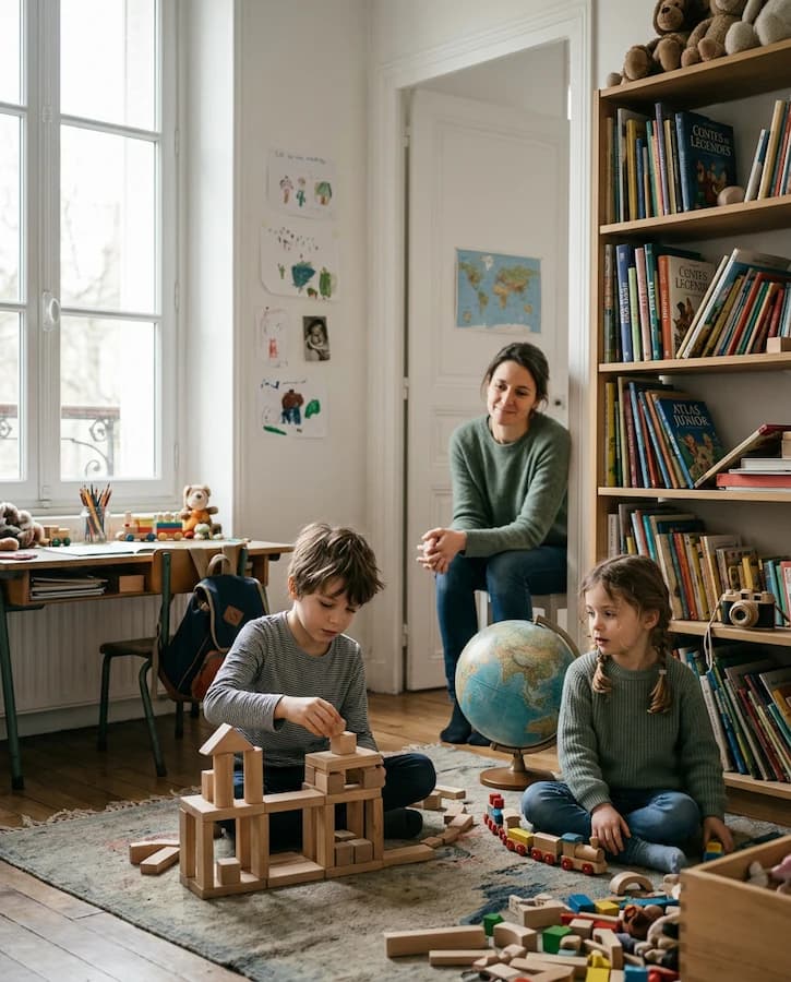 Deux enfants jouent pendant qu’une adulte observe la scène à proximité.